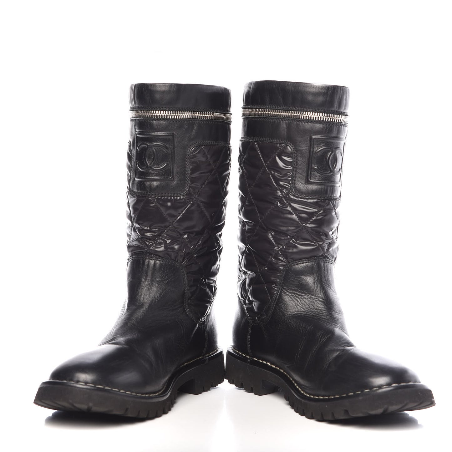 Calfskin Nylon Quilted Motorcycle Zip Boots 38.5 Black