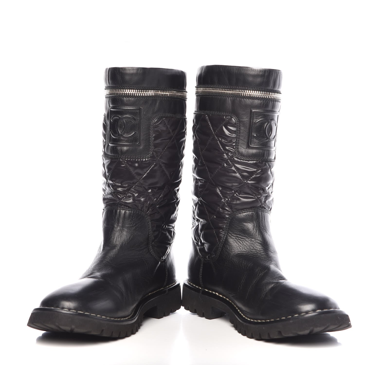 Chanel Calfskin Nylon Quilted Motorcycle Zip Boots 38.5 Black 5 of 11