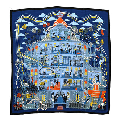 Hermes Cashmere Silk La Maison des Carres Shawl 140 Bleu Nuit Ciel Orange 1 of 4