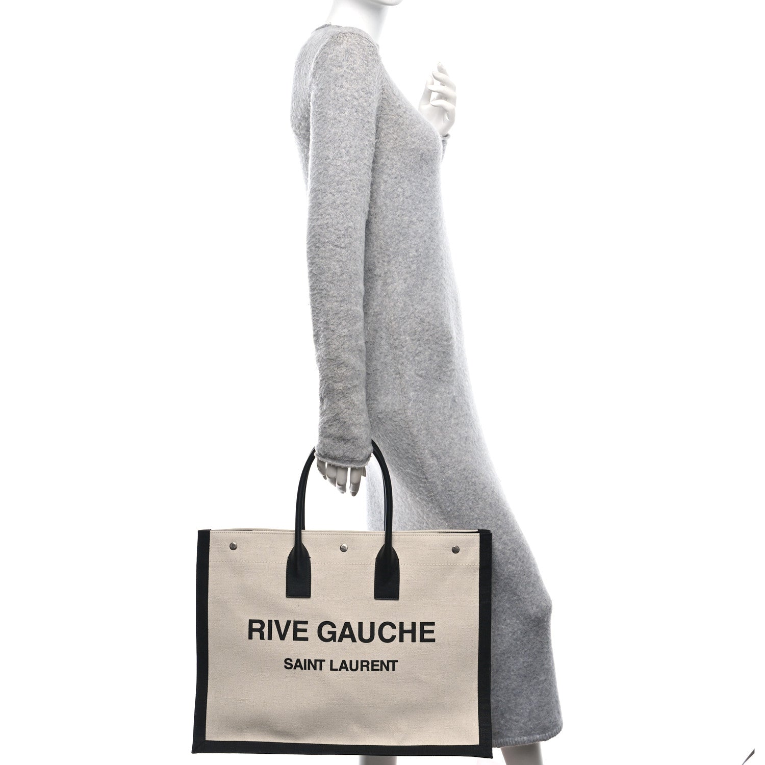 Saint Laurent Linen Calfskin Rive Gauche Tote White Black 2 of 9