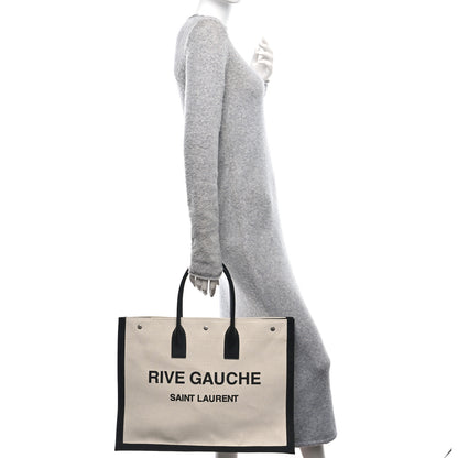Saint Laurent Linen Calfskin Rive Gauche Tote White Black 2 of 9
