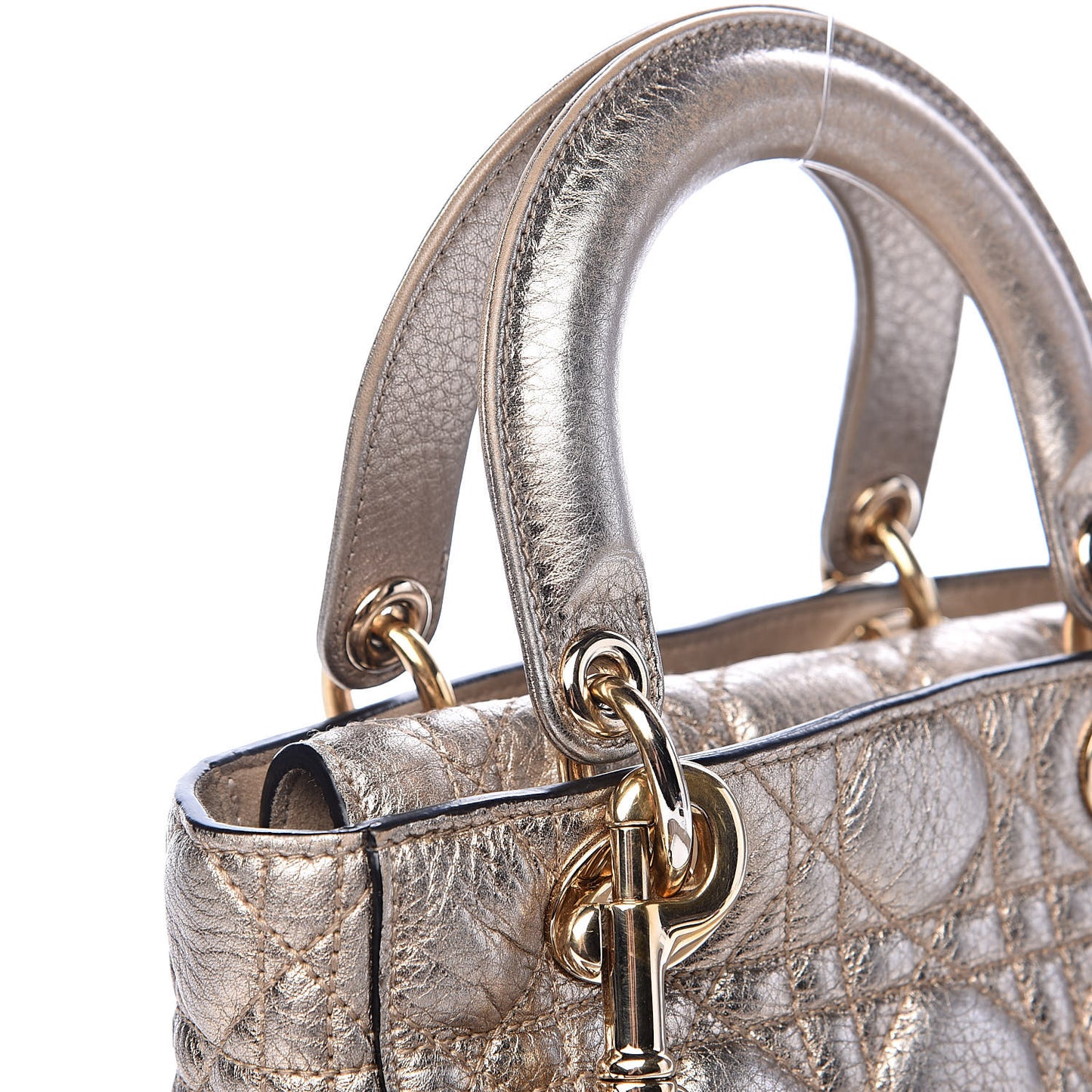 Metallic Grained Calfskin Cannage Small Supple Lady Dior Pale Gold