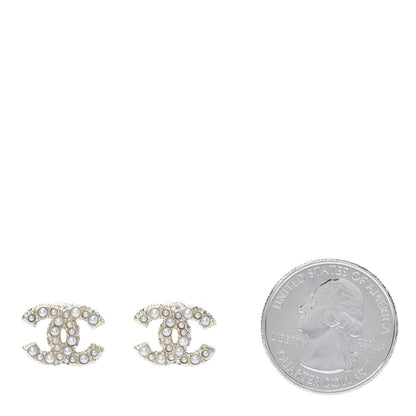 Chanel Pearl Crystal CC Stud Earrings Gold 2 of 5