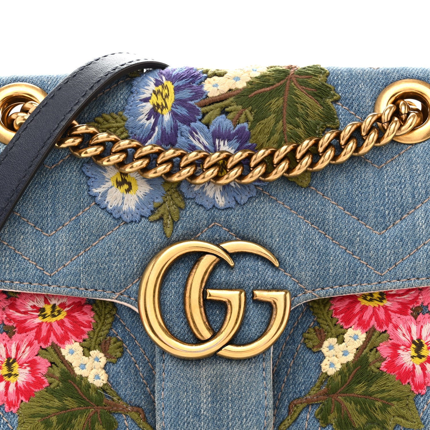Gucci Denim Matelasse Floral Embroidered Mini GG Marmont Shoulder Bag Blue 8 of 15
