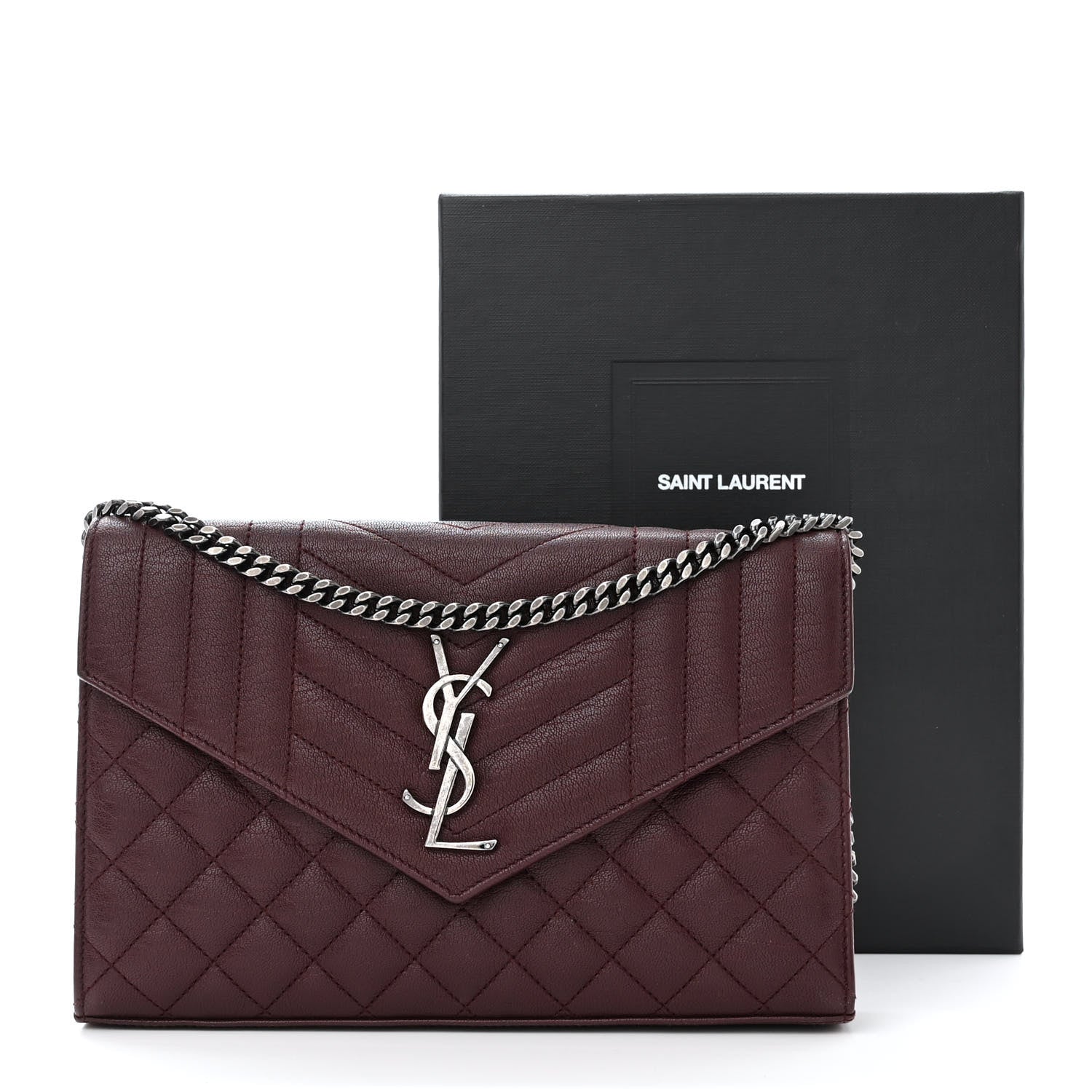 Saint Laurent Sheepskin Tri-Quilt Monogram Envelope Chain Wallet Burgundy 11 of 11