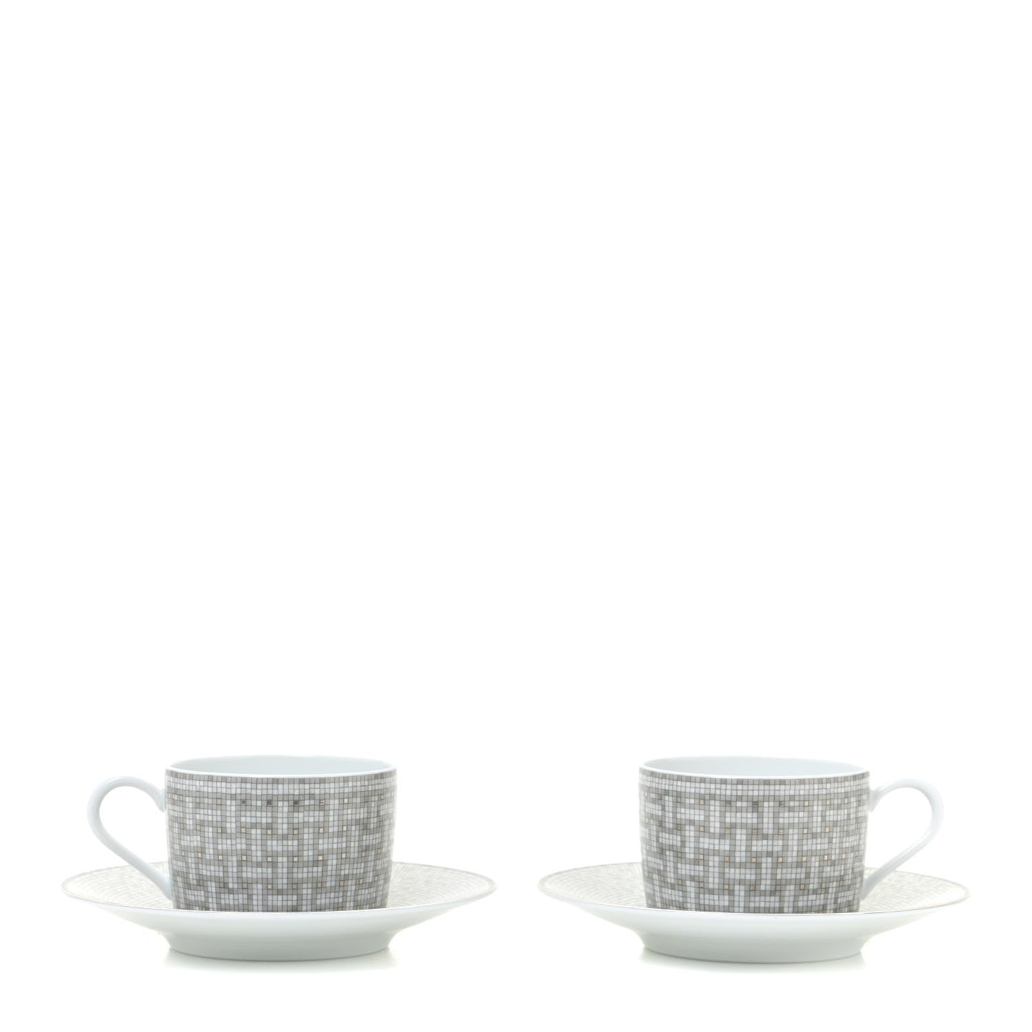 Hermes Porcelain Mosaique Au 24 Platine Tea Cup And Saucer Set Of 2 Platinum 1 of 9