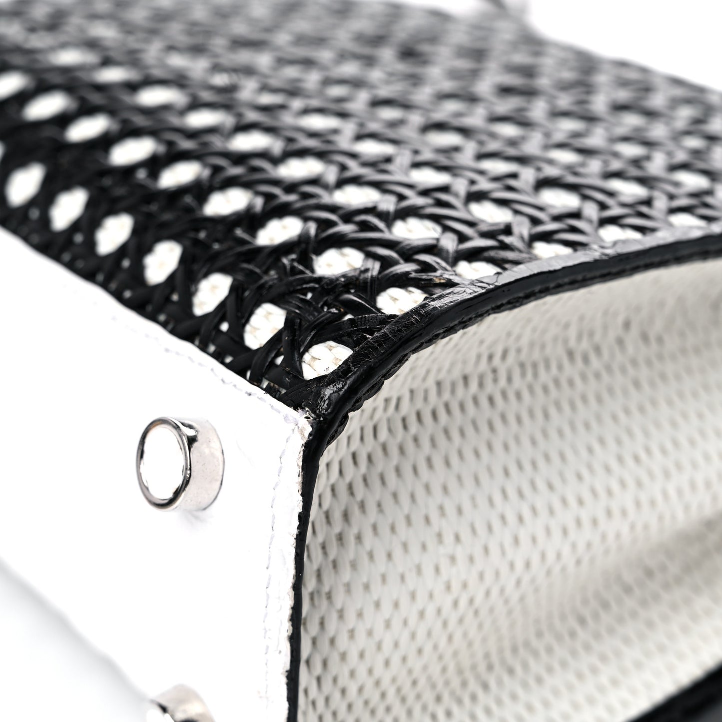 Crocodile Woven Top Handle Bag White Black