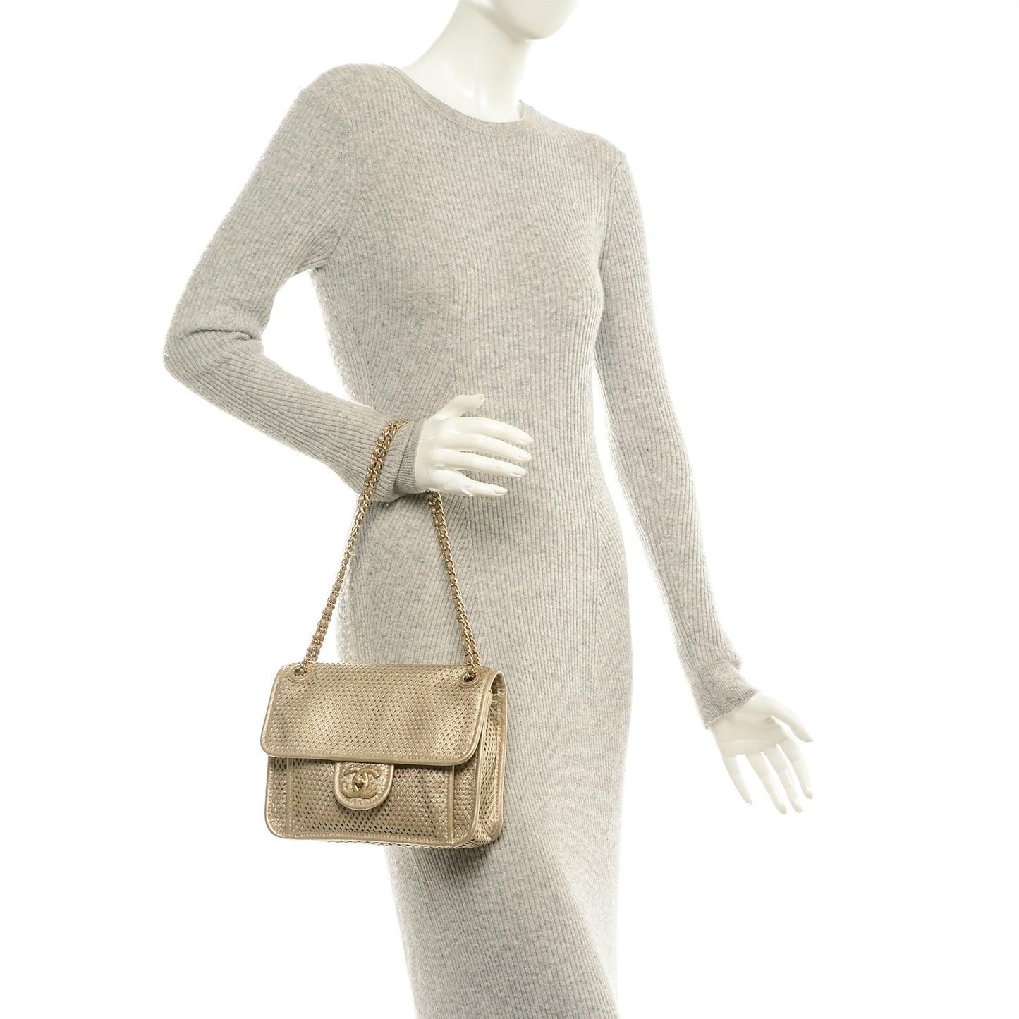 Metallic Perforated Calfskin Small Up In The Air Flap Light Gold