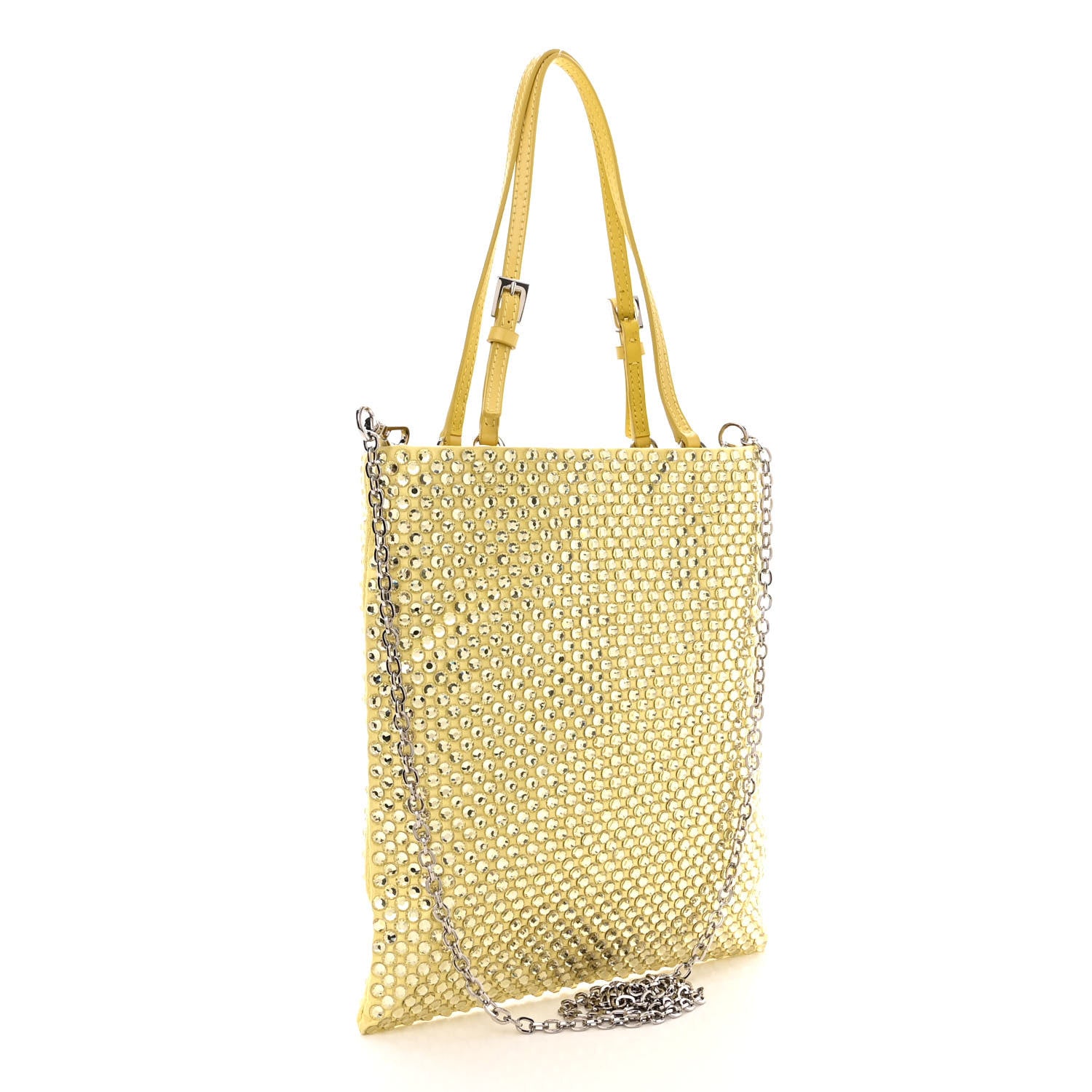 Prada Satin Crystal Metal Triangle Logo Chain Crossbody Handbag Ananas 3 of 12