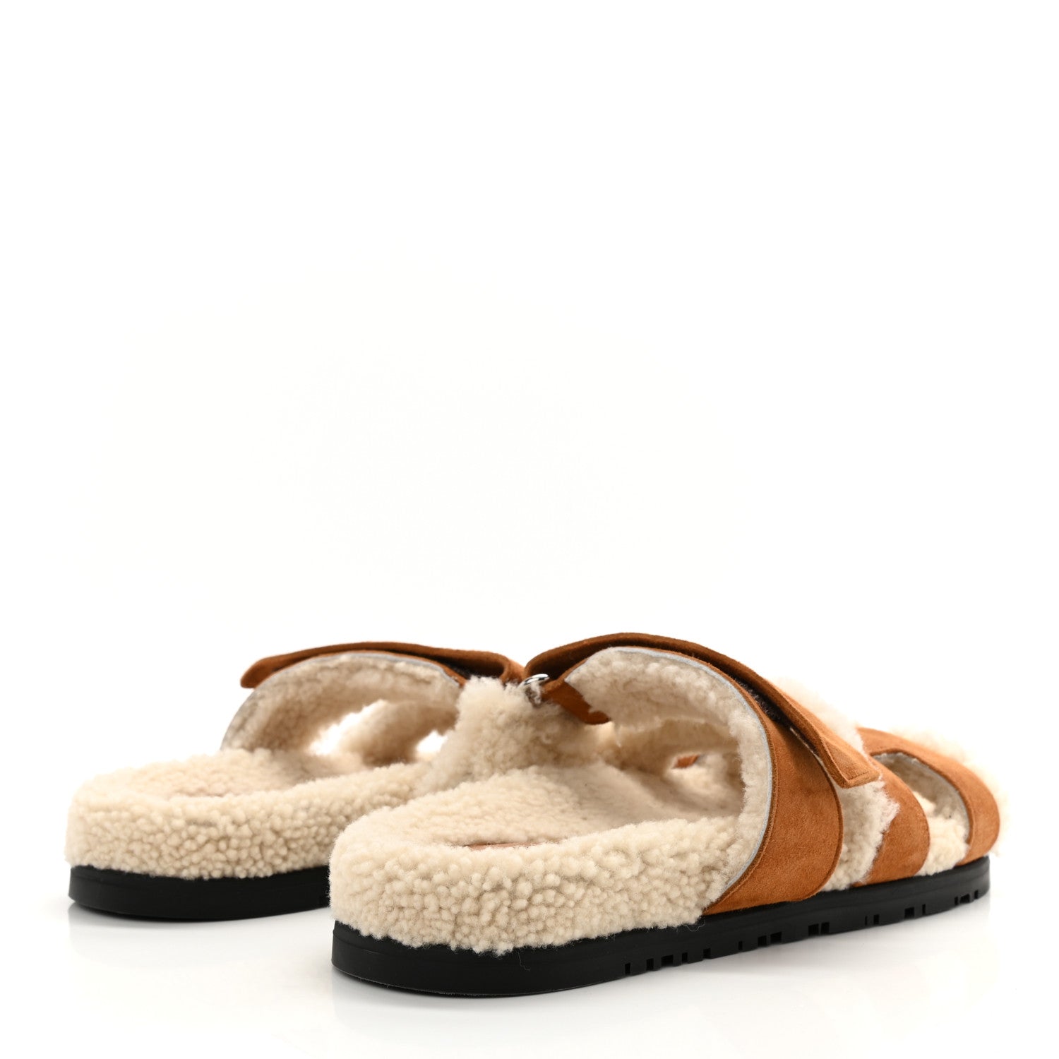 Hermes Suede Goatskin Woolskin Womens Chypre Sandals 37 Brun Fume Ecru 4 of 8