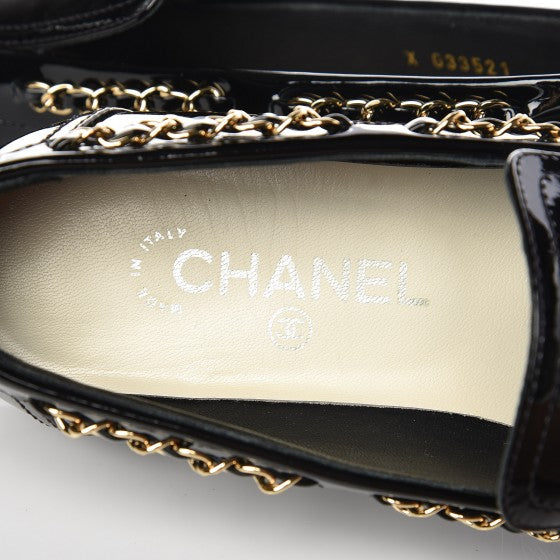 Patent Calfskin CC Chain Mocassin Loafers 38.5 Black