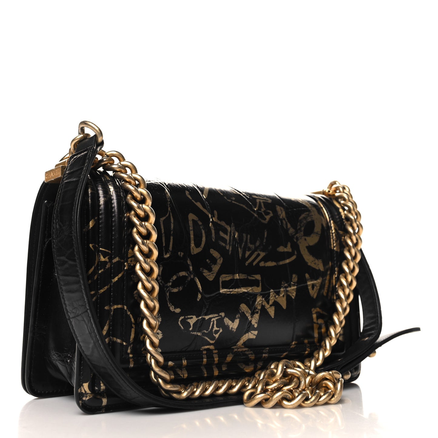 Calfskin Crocodile Embossed Graffiti Cocodile Medium Boy Flap Black