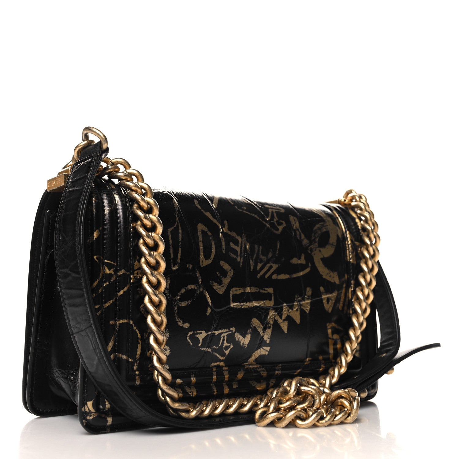 Chanel Calfskin Crocodile Embossed Graffiti Cocodile Medium Boy Flap Black 3 of 10