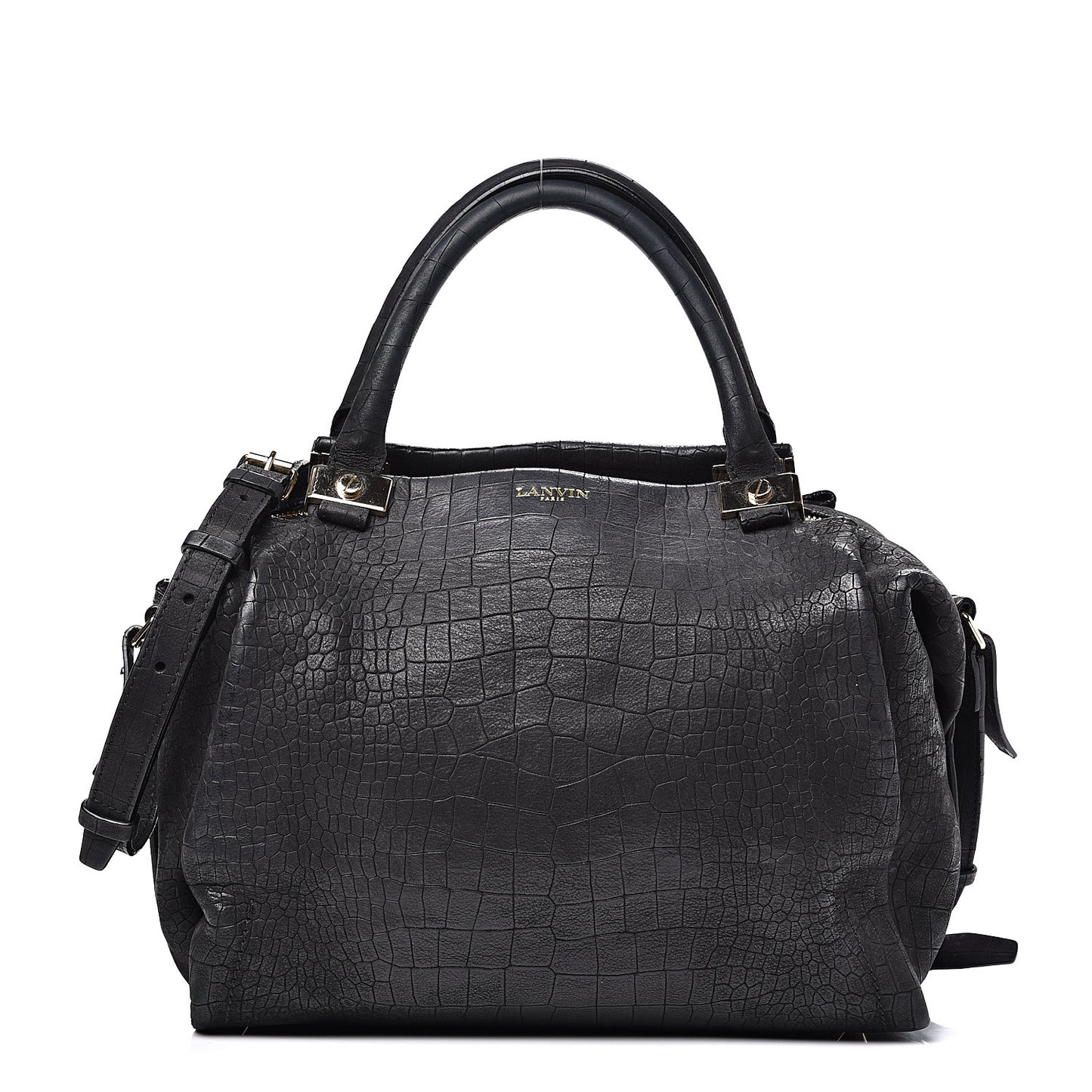 Crocodile Stamped Calfskin Trilogy Bowling Bag Black