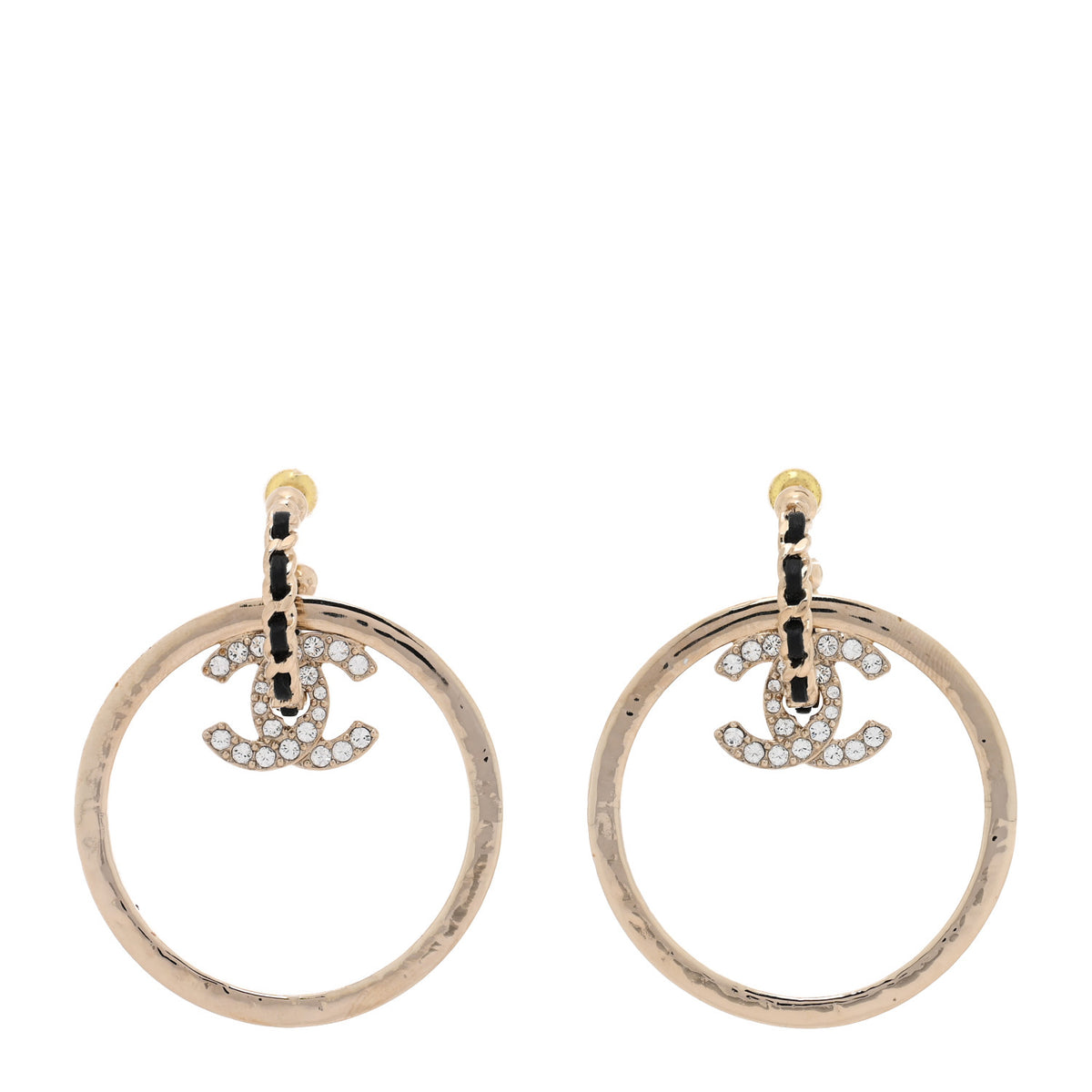 Metal Crystal Lambskin CC Chain Hoop Earrings Gold Black