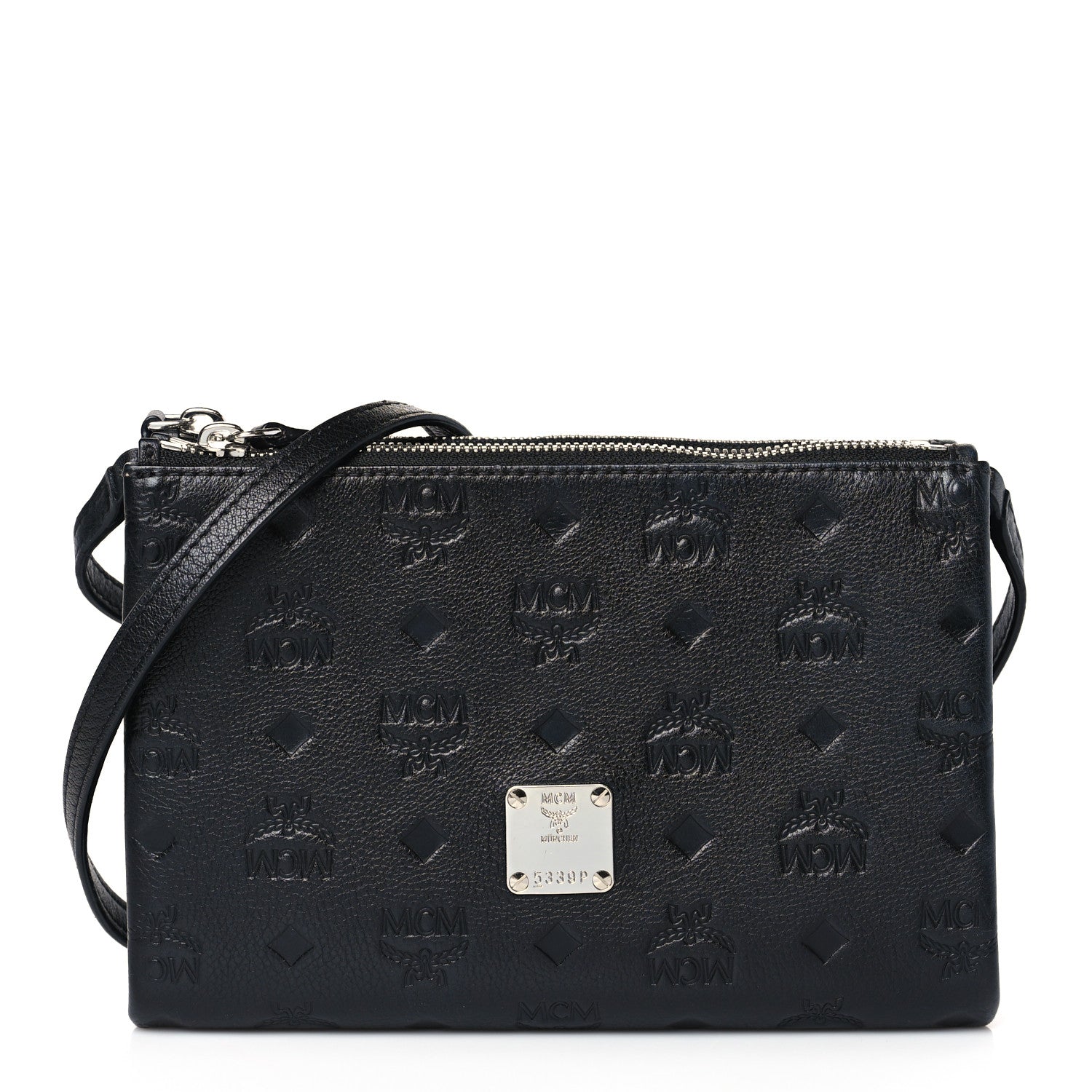 MCM Calfskin Ottomar Monogram Crossbody Zip Messenger Pouch Black 1 of 11