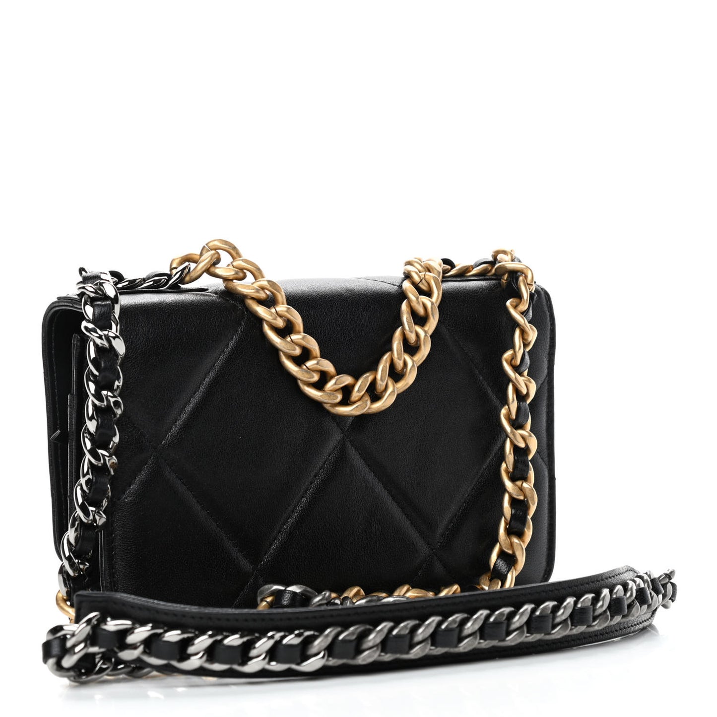 Shiny Goatskin Quilted Chanel 19 Wallet On Chain WOC Black