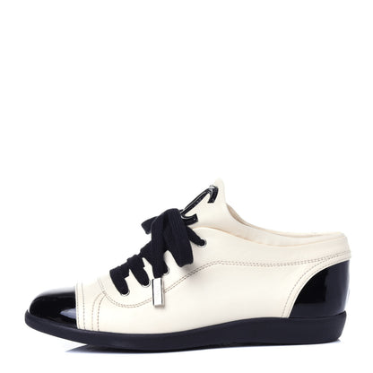 Chanel Lambskin Patent Cap Toe CC Sneakers 35.5 White Black 1 of 12