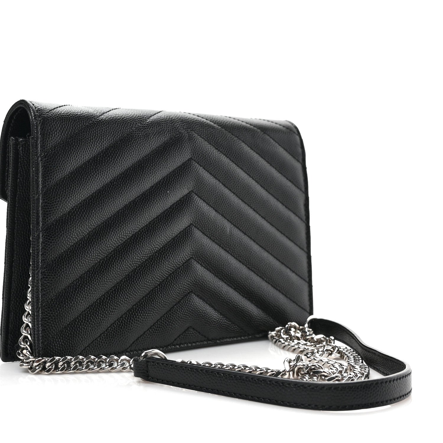 Saint Laurent Grain De Poudre Matelasse Chevron Monogram Envelope Chain Wallet Black 2 of 7