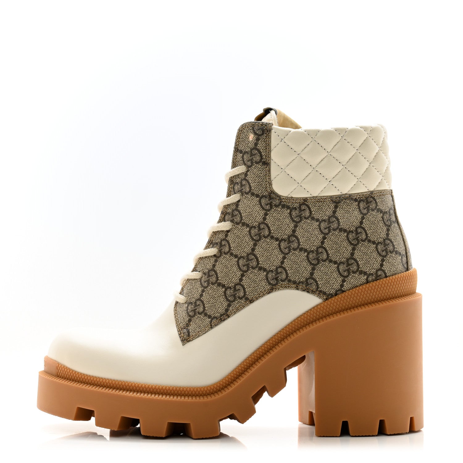 Gucci Calfskin GG Supreme Monogram Nappa Quilted Lace Up Ankle Boots 40.5 Mystic White Beige 1 of 10