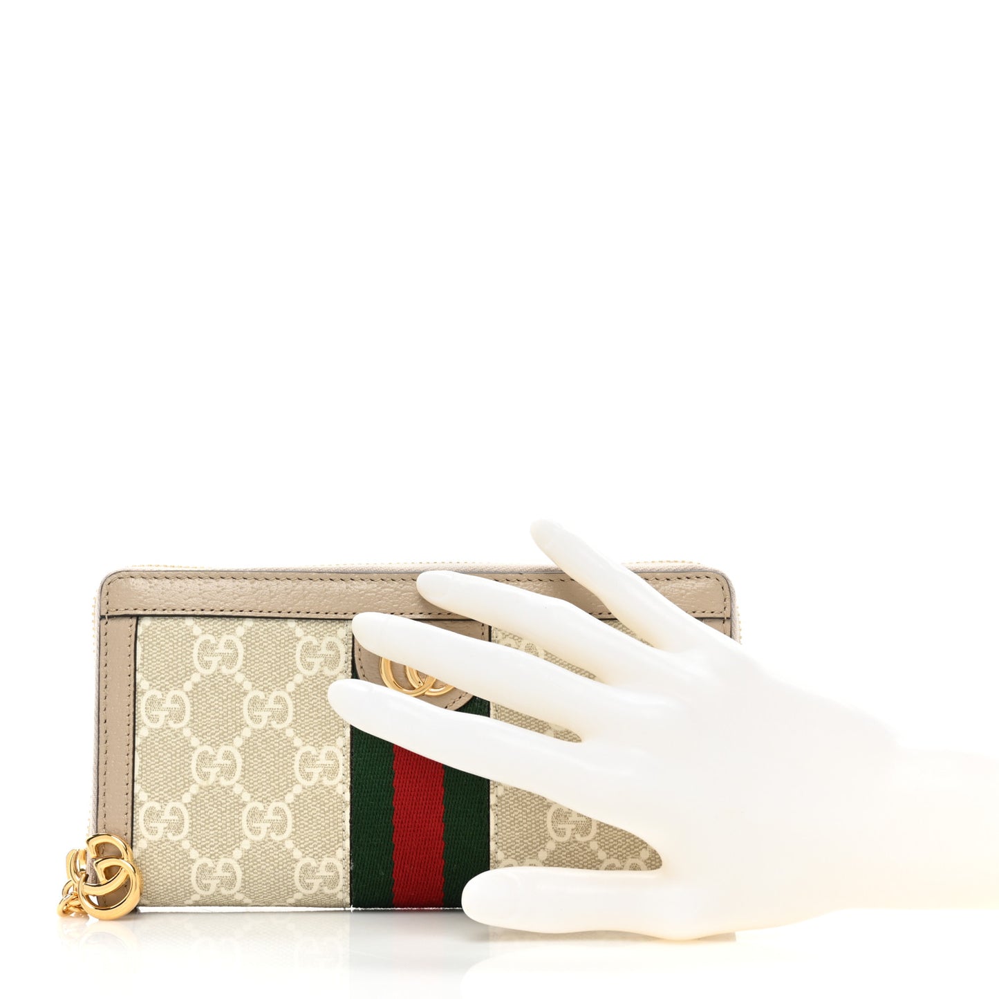 GG Supreme Monogram Textured Dollar Calfskin Web Ophidia Zip Around Wallet Beige Mystic White Oatmeal