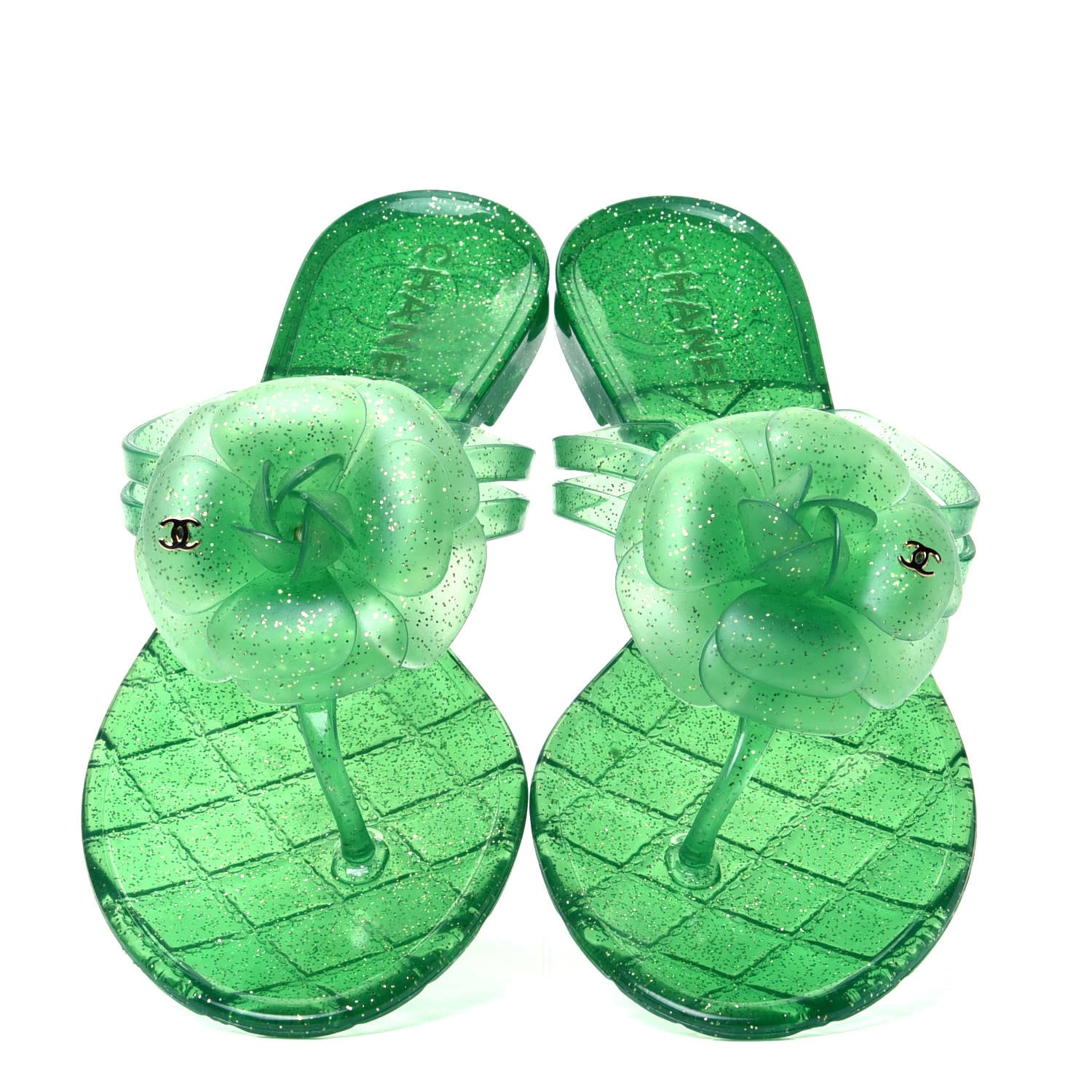 Chanel Jelly Camellia Glitter Thong Sandals 36 Green 9 of 9