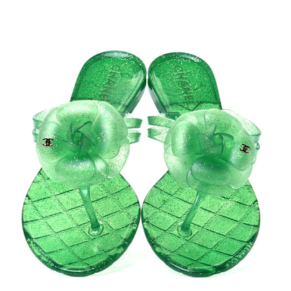 Chanel Jelly Camellia Glitter Thong Sandals 36 Green 9 of 9