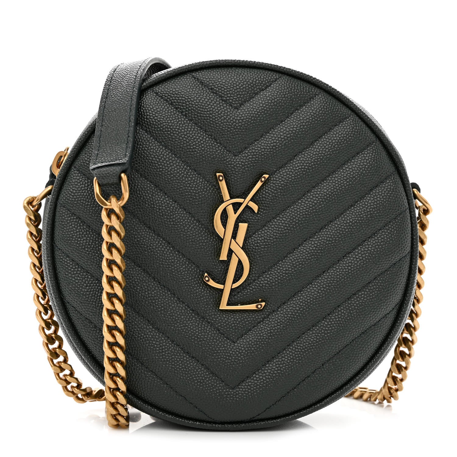 Saint Laurent Grain De Poudre Matelasse Chevron Quilted Round Vinyle Camera Bag New Vert Fonce 1 of 10