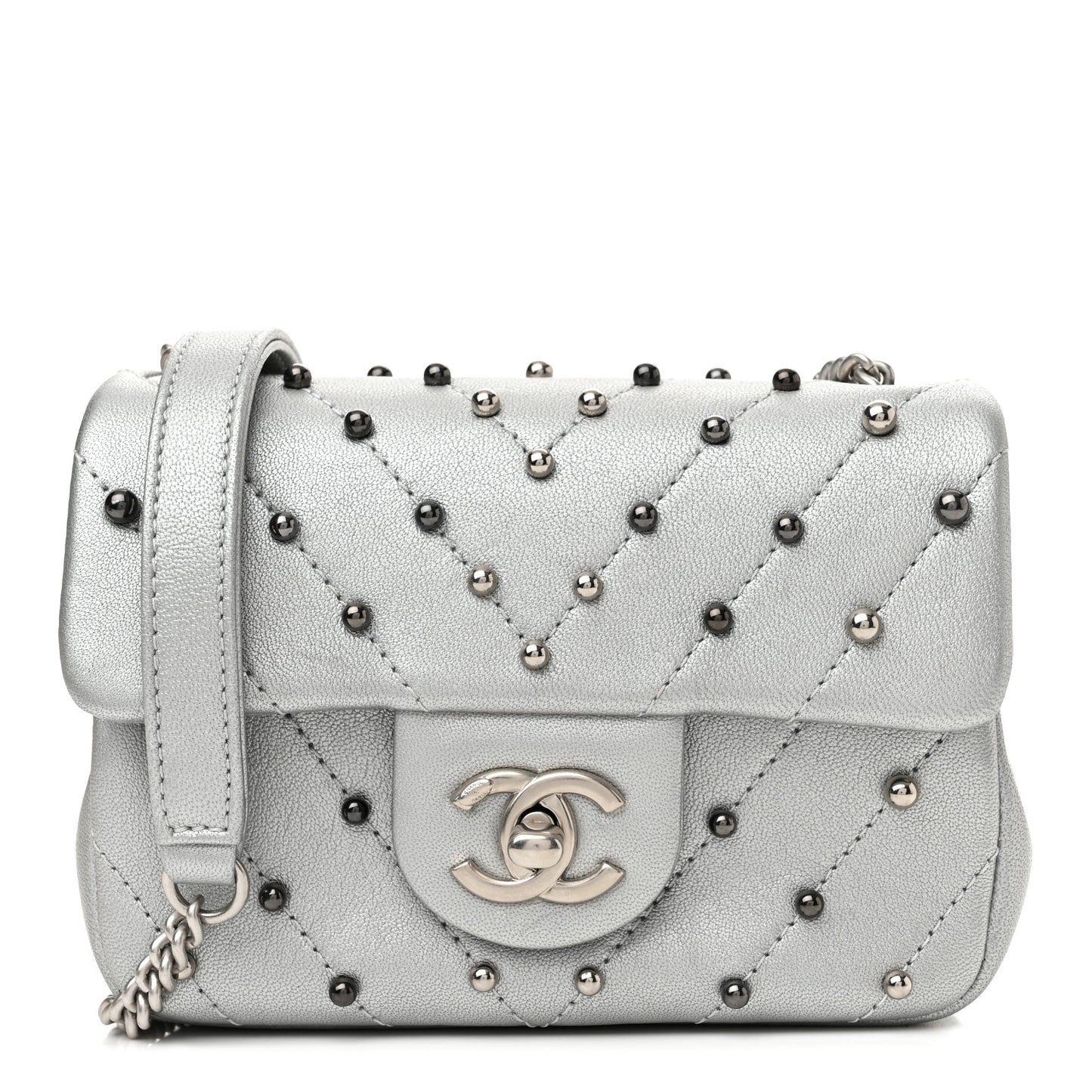 Metallic Lambskin Chevron Quilted Studded Extra Mini Flap Silver