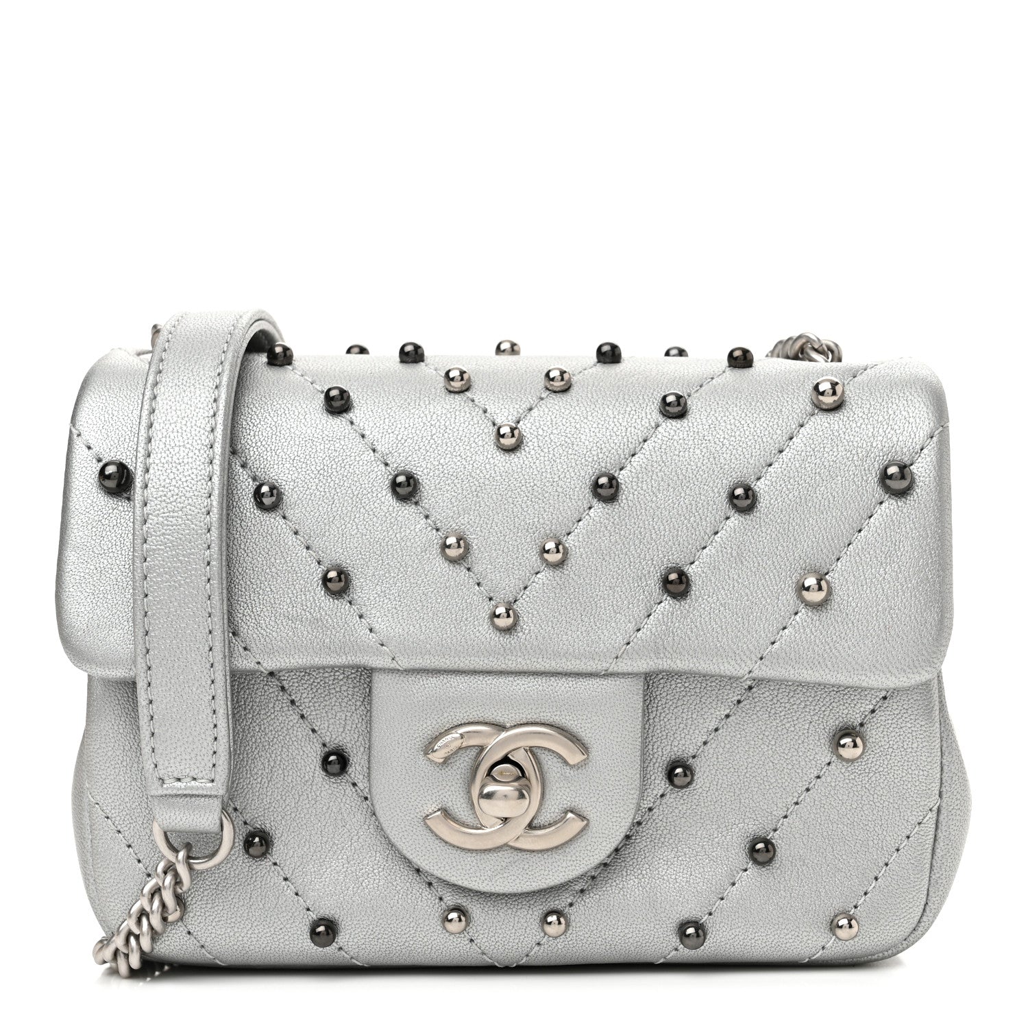 Chanel Metallic Lambskin Chevron Quilted Studded Extra Mini Flap Silver 1 of 9