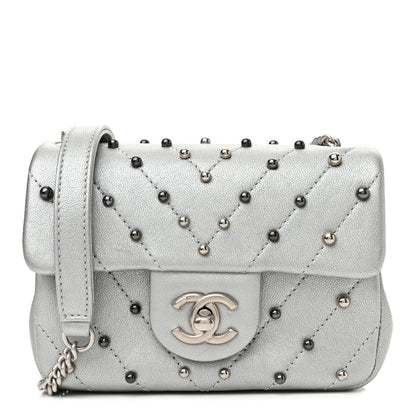 Chanel Metallic Lambskin Chevron Quilted Studded Extra Mini Flap Silver 1 of 9