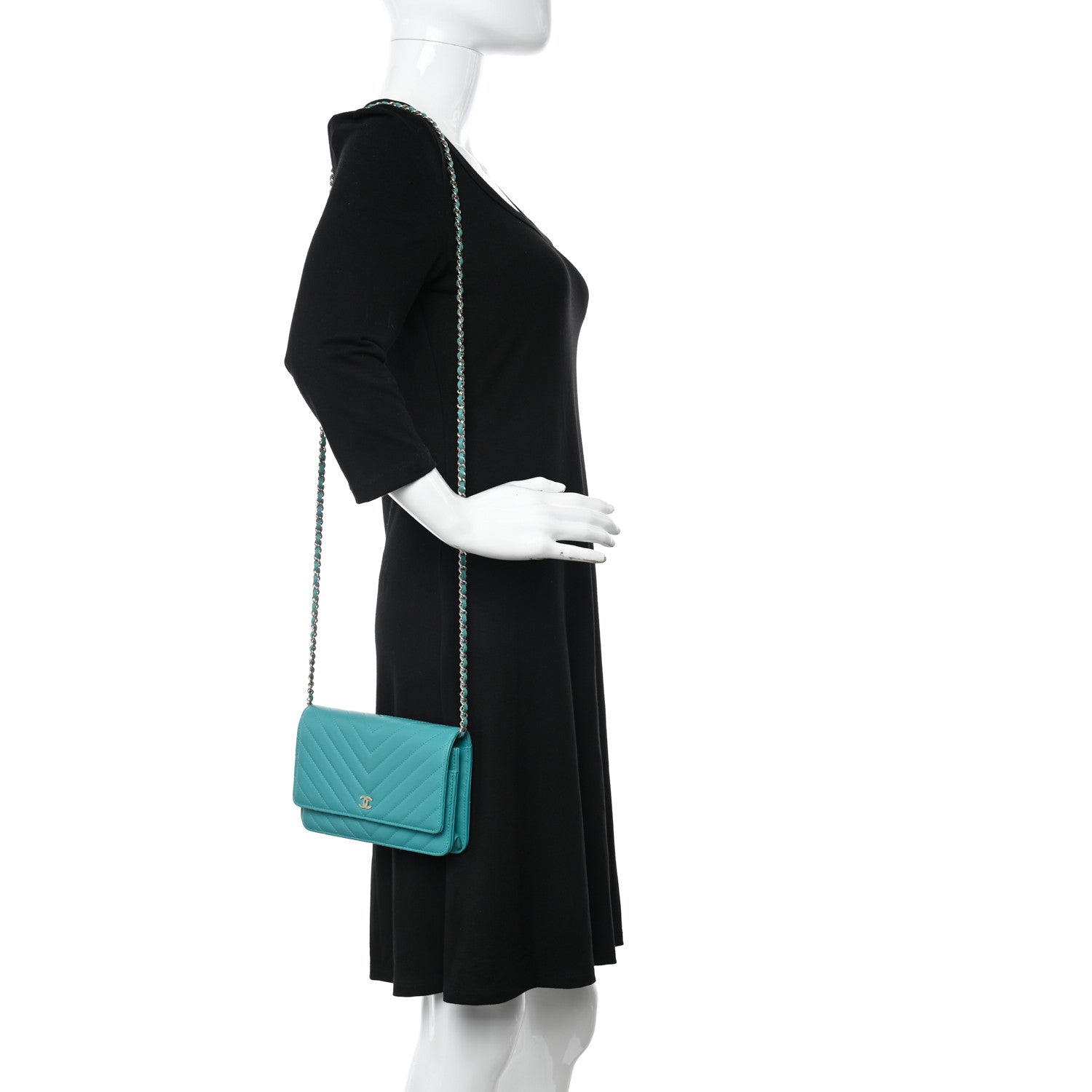 Chanel Lambskin Chevron Quilted Wallet On Chain WOC Turquoise 2 of 10