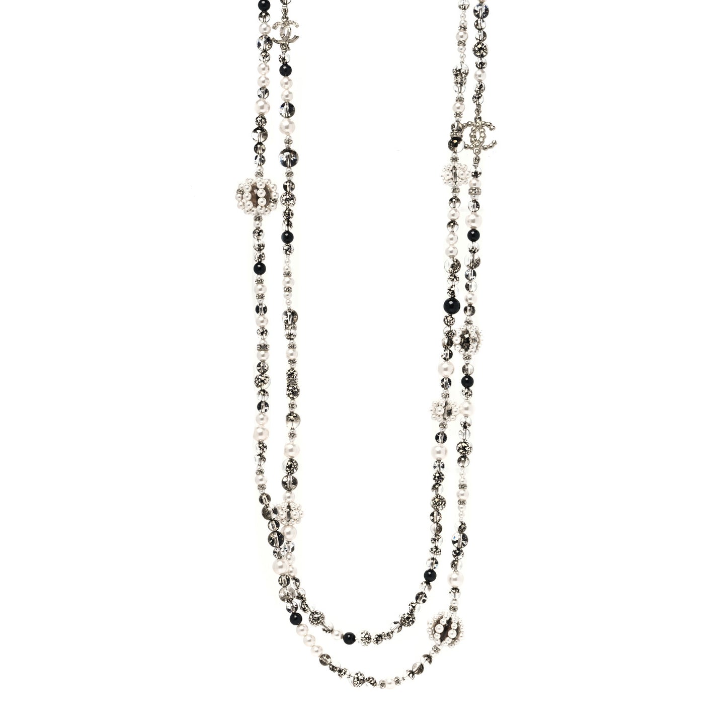 Pearl Crystal Bead CC Long Necklace Silver Black