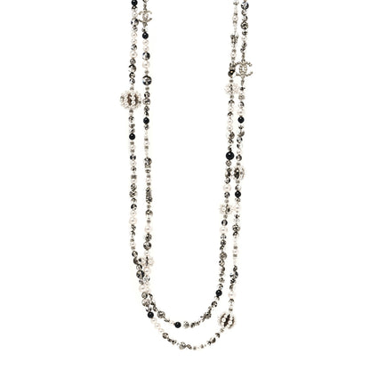 Chanel Pearl Crystal Bead CC Long Necklace Silver Black 1 of 5