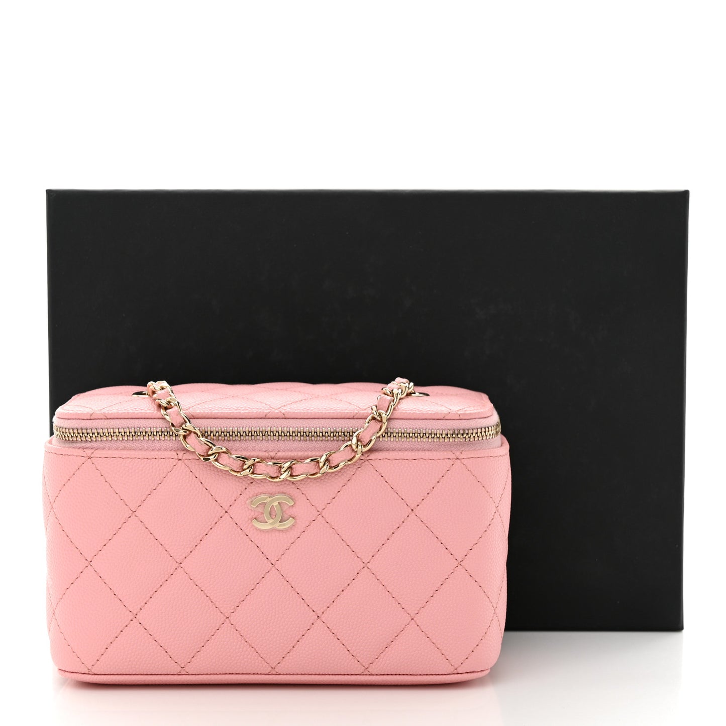 Caviar Quilted Small Vanity Case With Chain Pink