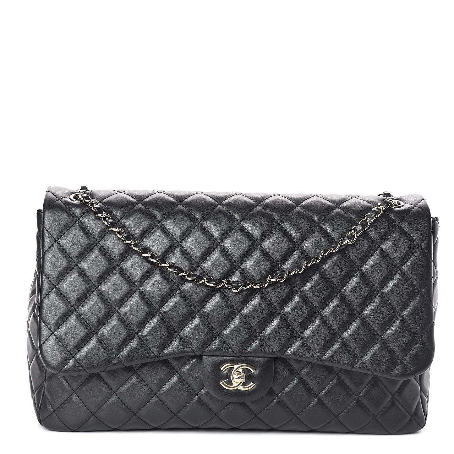 Metallized Calfskin Quilted Small XXL Travel Flap Bag Black