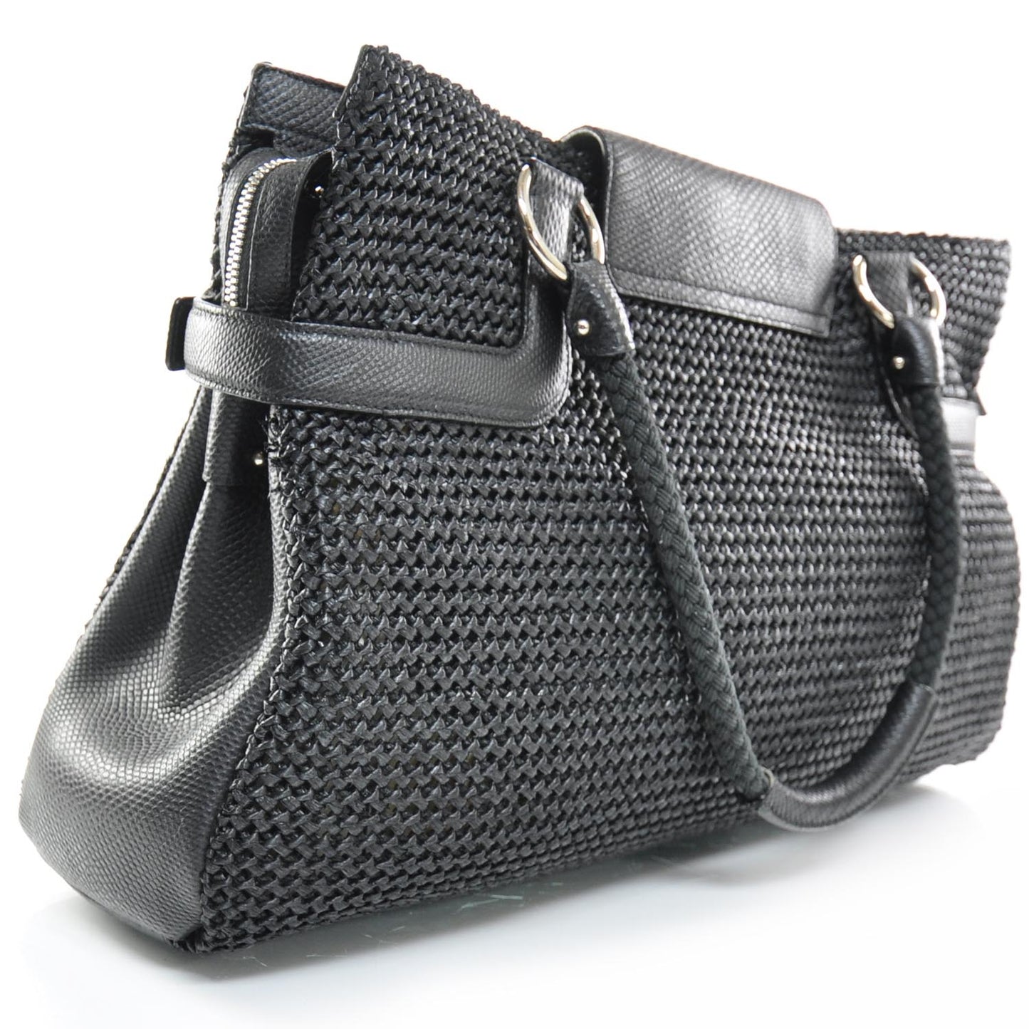 SALVATOREFERRAGAMOLeatherStrawWovenSatchelBlack