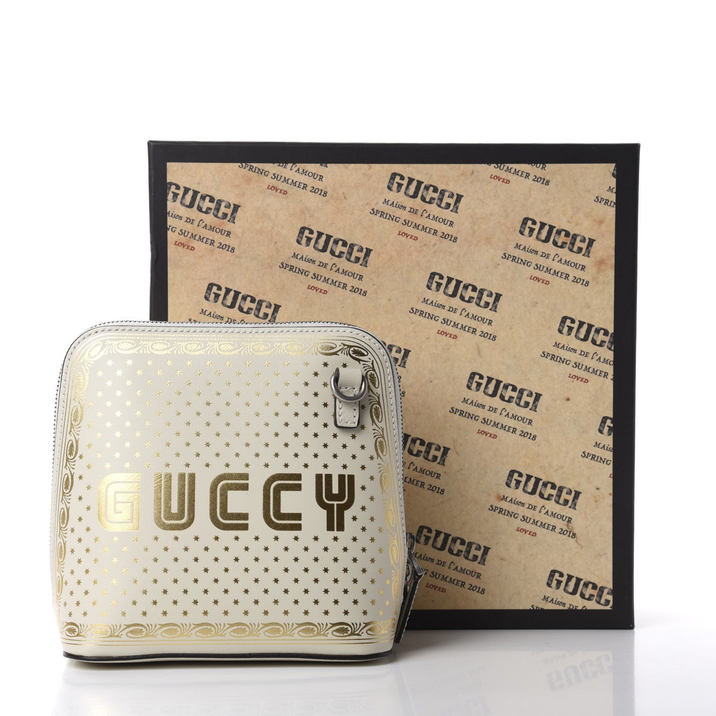 X SEGA Calfskin GUCCY Stars Mini Dome Shoulder Bag Mystic White Gold