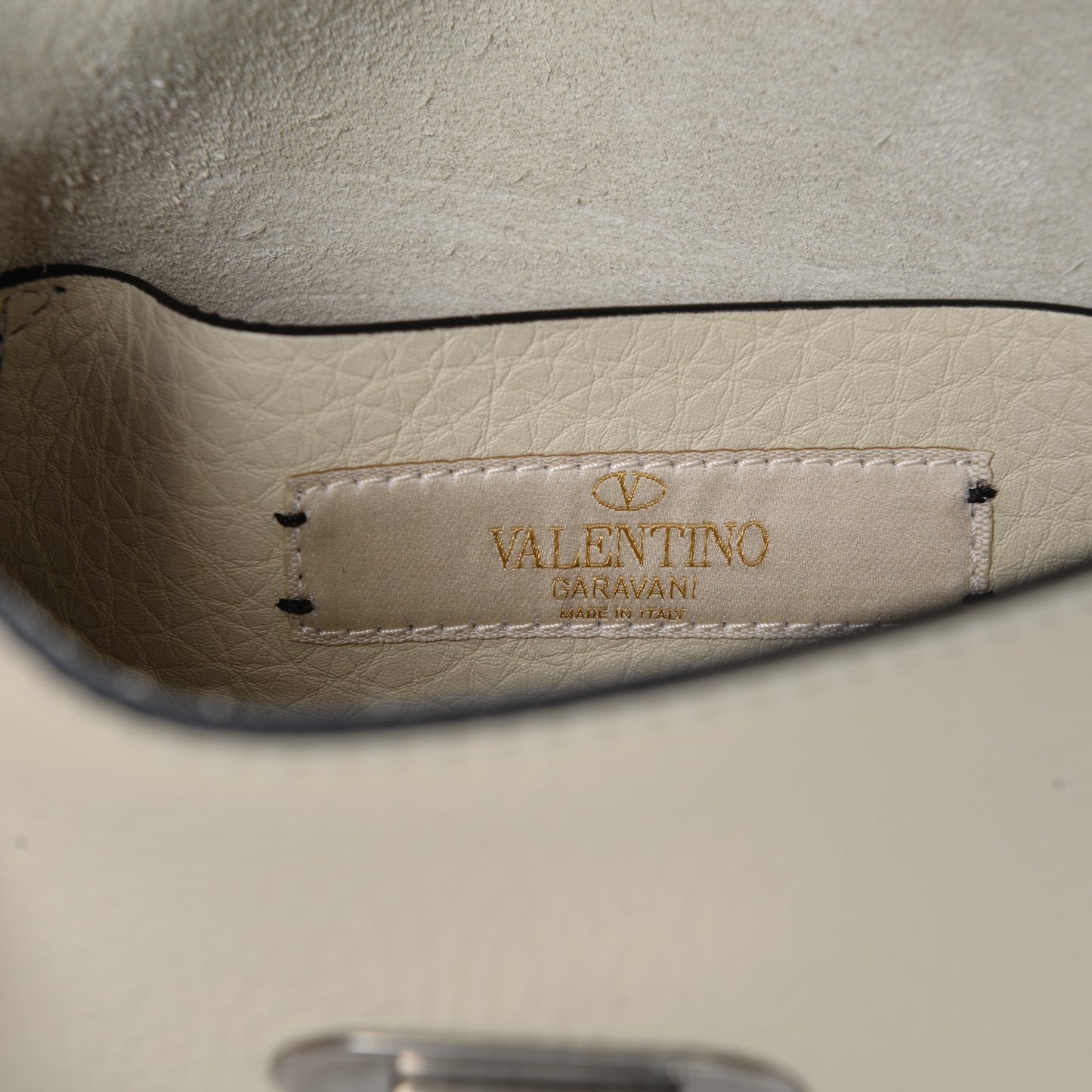 Grained Calfskin Small Guitar Strap Rockstud Rolling Shoulder Flap Bag Light Ivory