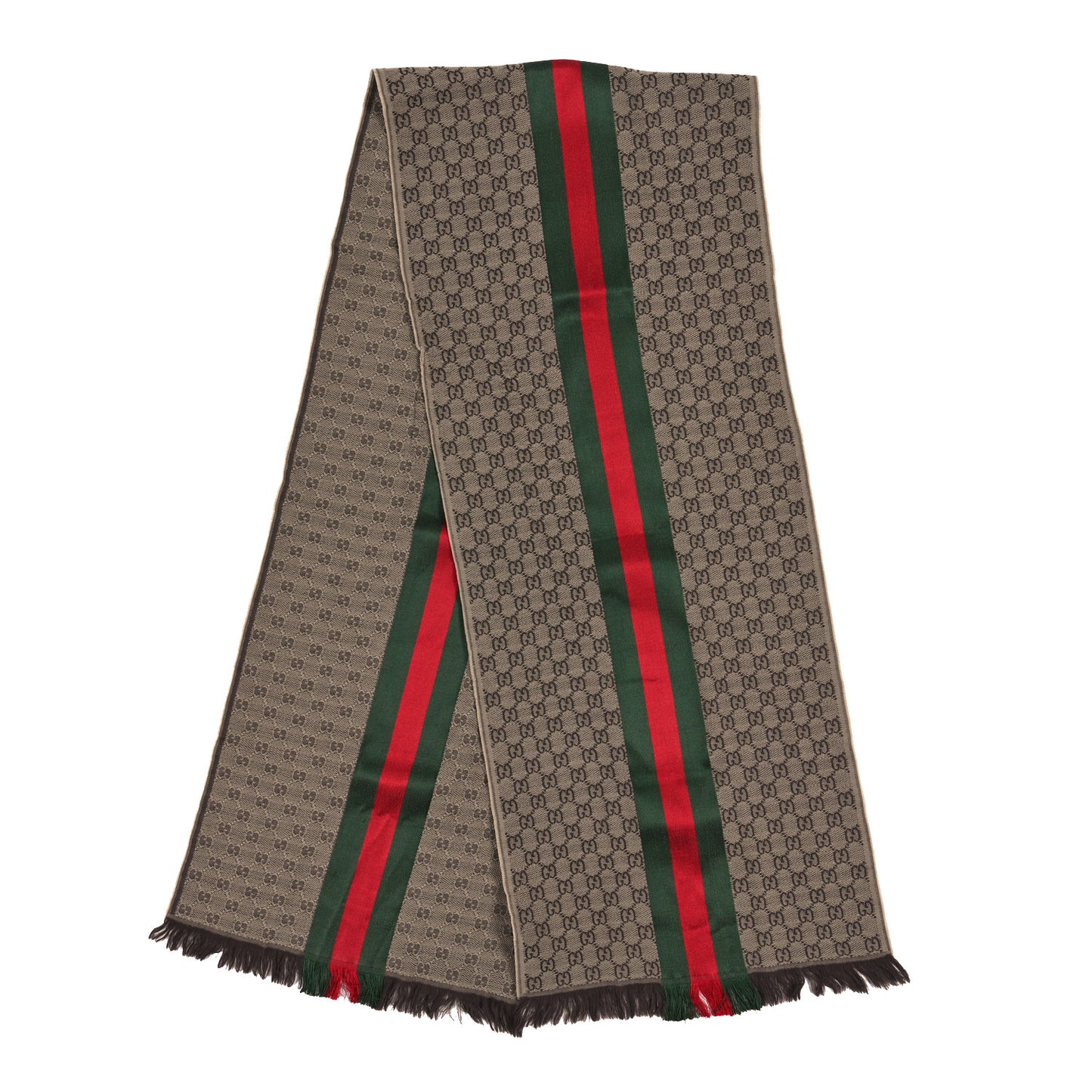 Wool Silk GG Monogram Web Verbier Fringe Scarf Light Brown Dark Green