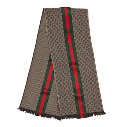 Gucci Wool Silk GG Monogram Web Verbier Fringe Scarf Light Brown Dark Green 2 of 3
