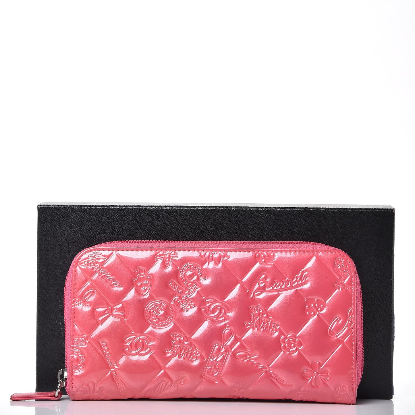Patent Calfskin Lucky Symbols Zip Around Wallet Fuchsia