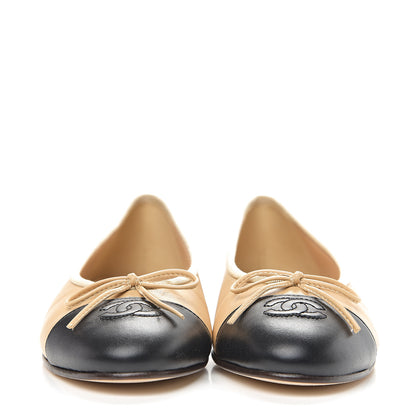 Chanel Lambskin Cap Toe CC Ballerina Flats 38 Beige Black 2 of 12
