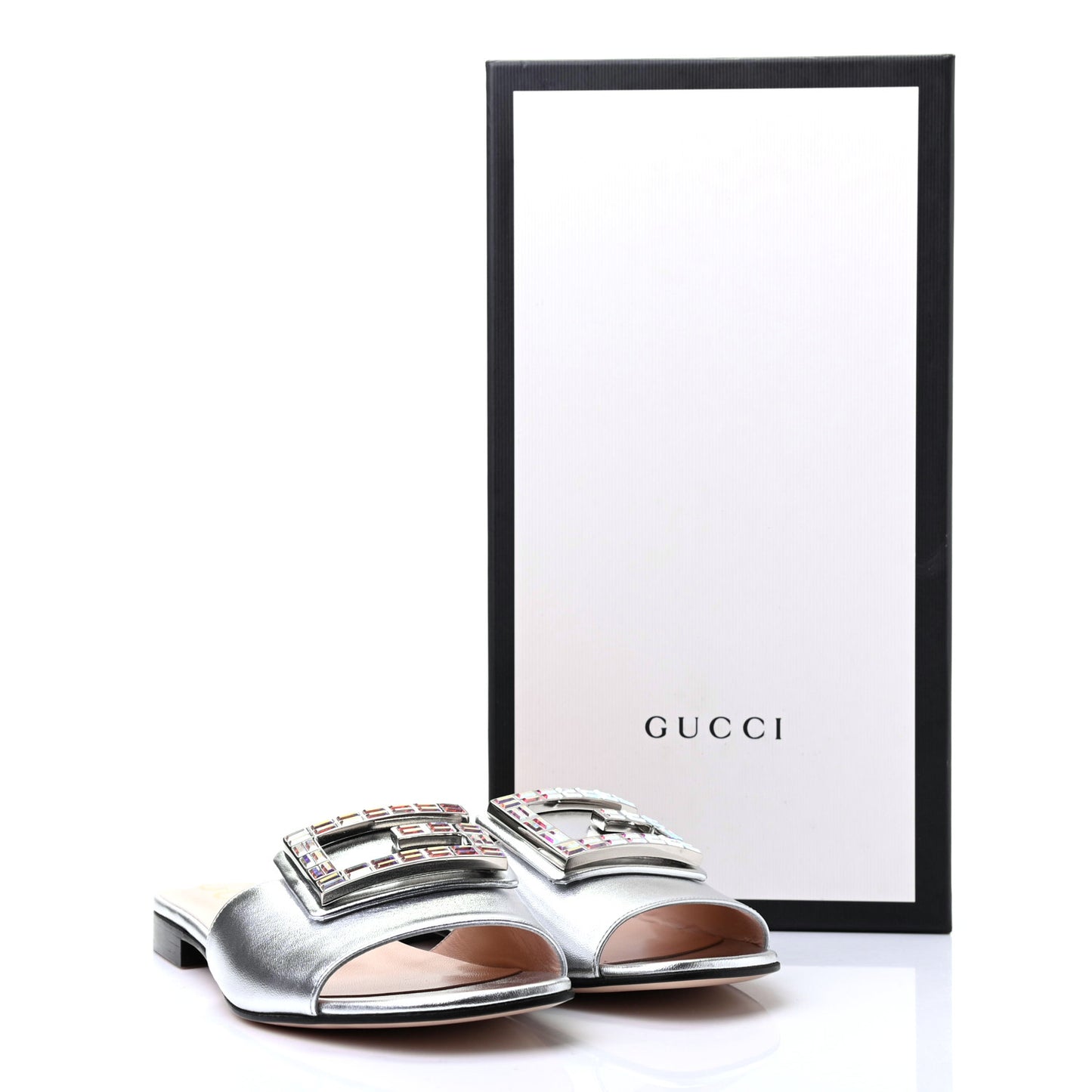 Metallic Nappa Crystal Square G Madelyn Slide Sandals 36.5 Silver