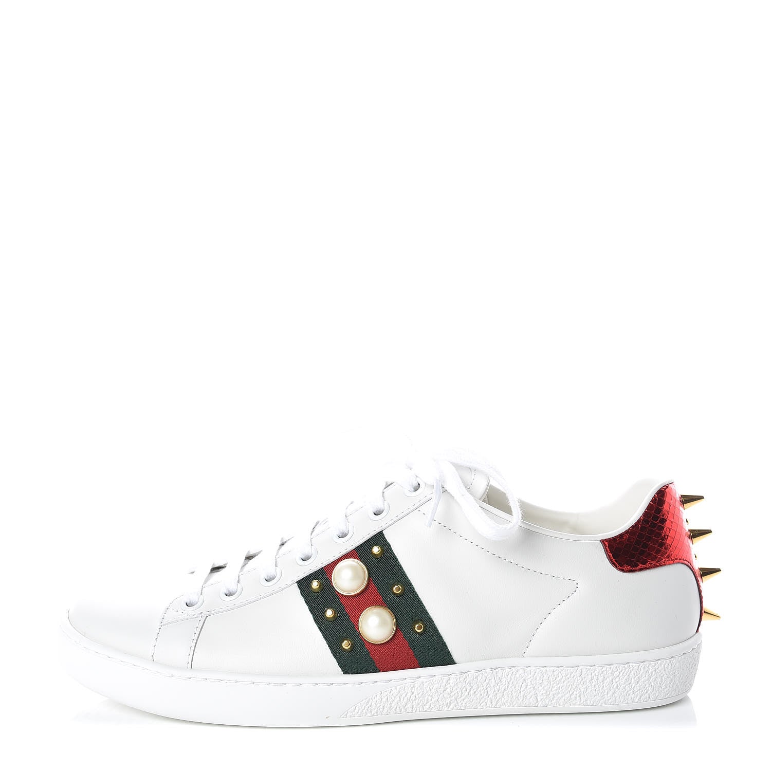 Gucci Calfskin Web Pearl Studded Womens Ace Sneakers 38 White 1 of 10