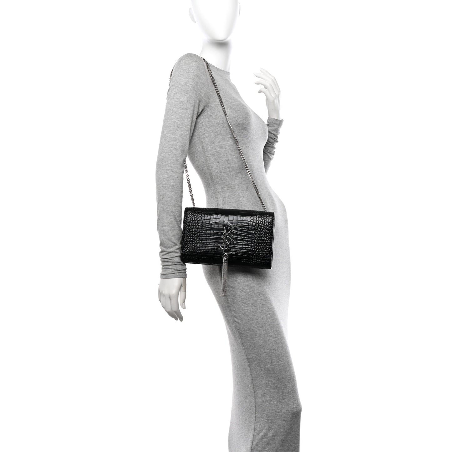 Calfskin Crocodile Embossed Medium Classic Monogram Kate Tassel Satchel Black