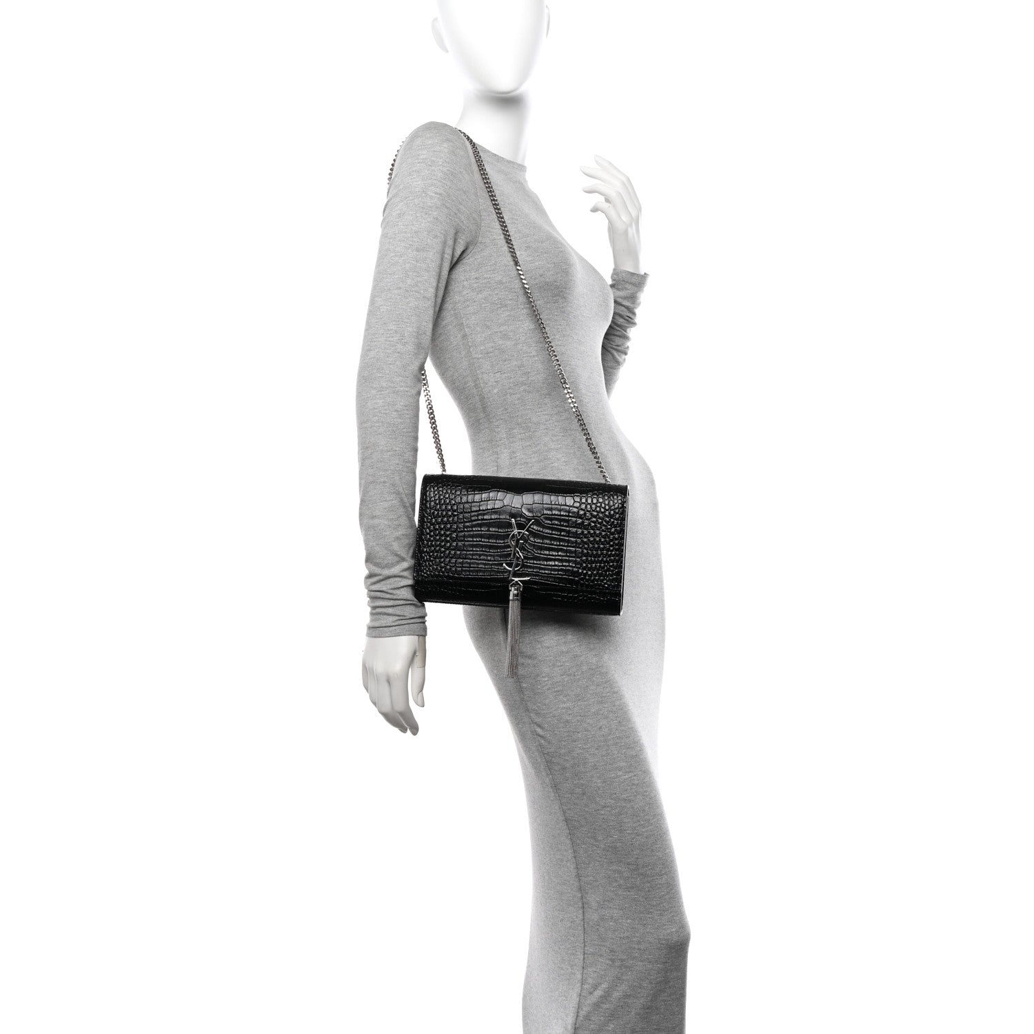Saint Laurent Calfskin Crocodile Embossed Medium Classic Monogram Kate Tassel Satchel Black 2 of 11