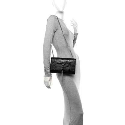 Saint Laurent Calfskin Crocodile Embossed Medium Classic Monogram Kate Tassel Satchel Black 2 of 11