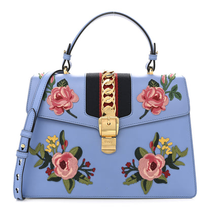 Gucci Calfskin Embroidered Medium Sylvie Top Handle Bag Clear Sky Blue 1 of 14