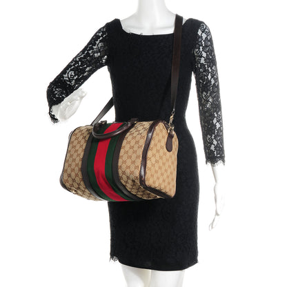 Gucci Monogram Selleria Calfskin Vintage Web Medium Boston Beige Ebony Cocoa 2 of 14